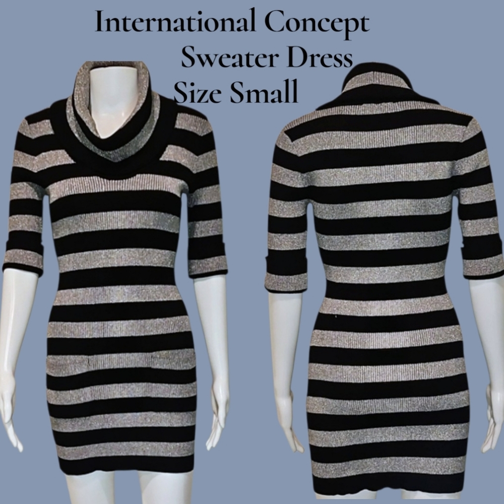I.N.C. Black and Silver Sparkle Striped  Sweater Dress Sz Small Like New